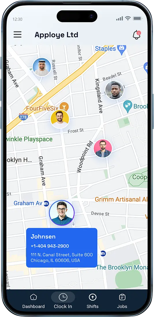 Mobile screen showing users' live location on a map